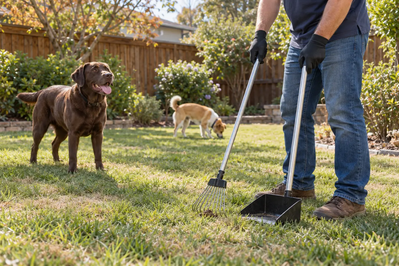 A pet waste removal worker cleaning a residential yard while two dogs enjoy the grass